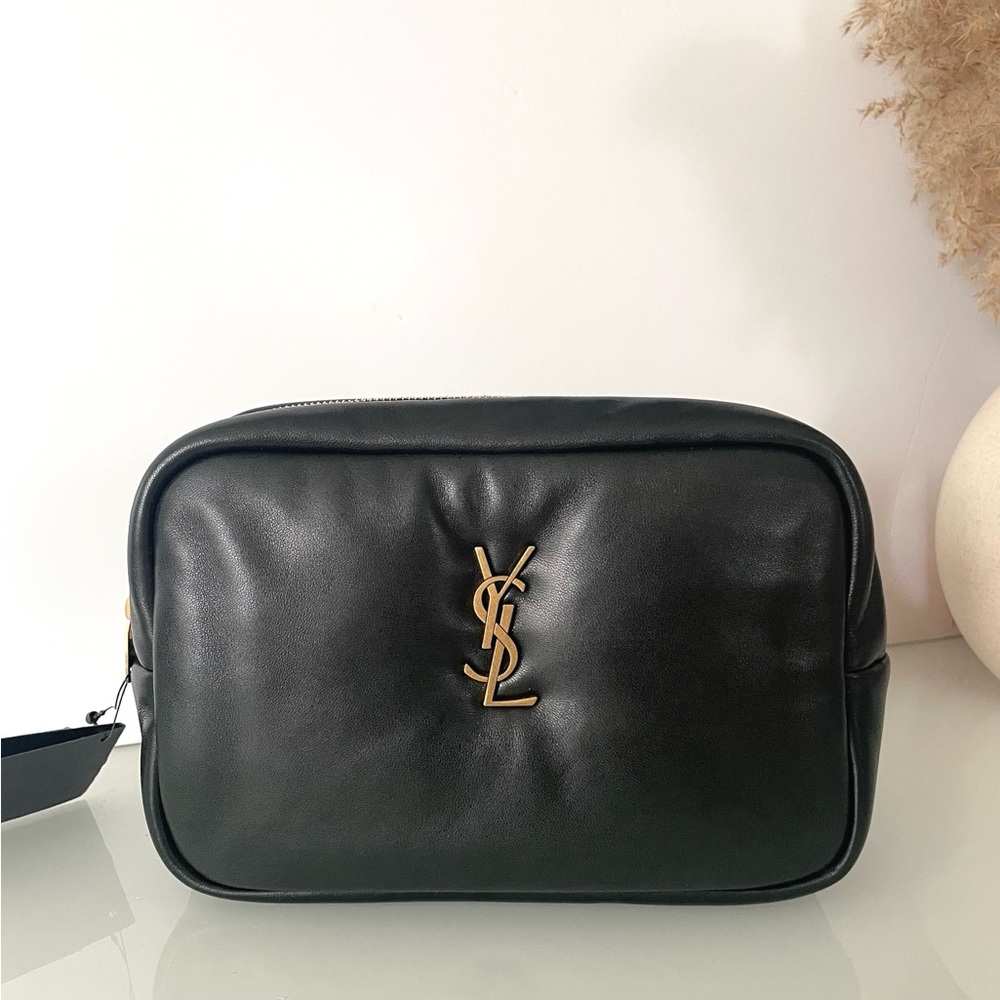 YSL Saint Laurent Black Leather Toiletry Pouch - large
